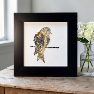 Finch Bird Mini Original Mosaic Pebble Art — 4x4 Framed Coastal Maine