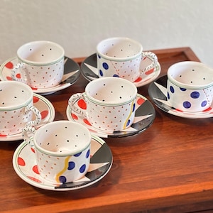 Susan Eslick Espresso Cups & Saucers Set of 6 – Grazia Deruta Italy for Wilkes Bashford, Hand Painted Colorful Polka Dot Ceramics