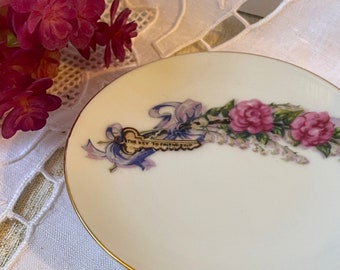 Gift for Friend, The Key to Friendship Gift Dish by Elfrieda Schlau 1960’s Small Pin Dish, Japan Pink Floral Key Plate