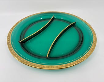 Vintage Green Glass Divided Serving Dish with Gold Rim – 11” Mid-Century Modern Platter, Elegant Holiday Tableware