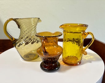 Small Vintage Pitchers Pontil Marks, Set of 3, Miniature Handblown Glass, Swirled Optic, Bubble and Crackled Glasses Mini Creamer