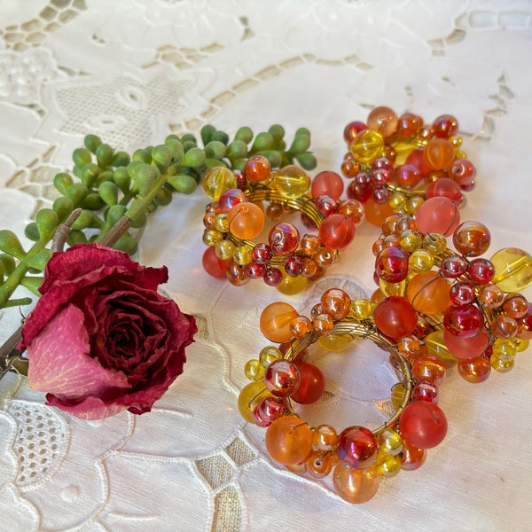 Multicolor Beaded Napkin Rings, Romantic Table Napkin Holders, Set of 4 or 6, Colorful Bead Cluster in Peach, Rose, Yellow Tones