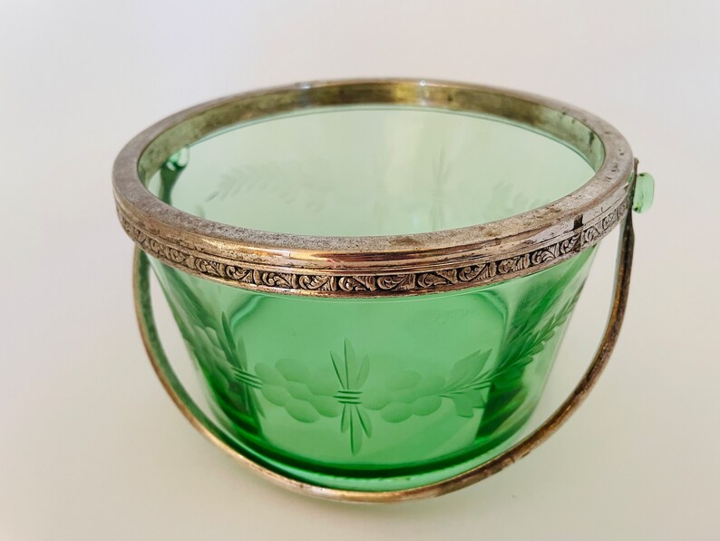 Green Depression Glass Ice Tub Bucket Vintage Metal Handle Etsy