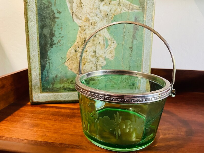 Green Depression Glass Ice Tub Bucket Vintage Metal Handle Etsy
