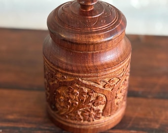 Vintage Carved Wood Floral Canister Lidded Treen Jar