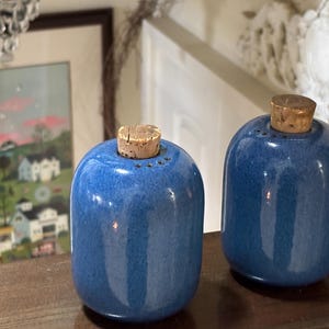 May include: Two blue ceramic salt and pepper shakers with cork stoppers. The shakers have a glossy finish and a series of small holes on top. The background includes a framed painting and decorative elements.