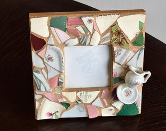 Romantic Mosaic Photo Frame with Teacup, Small Picture Holder, Handmade Broken China Gift for Her