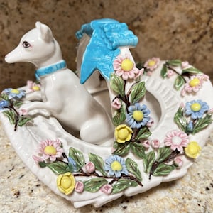 Antique English Majolica Dog Basket, Victorian Floral Ceramic w Registry Mark