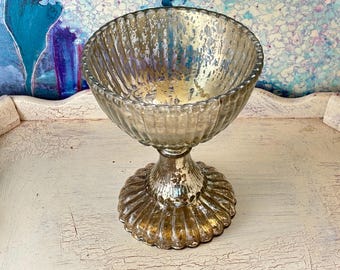 Mercury Glass Bowl Compote Ribbed Pedestal Bowl Scalloped Base
