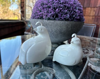 California Quail Figures, Pair White Glossy Porcelain Figurines, Quail Family Bird Shelf Decor, Modern Game Birds