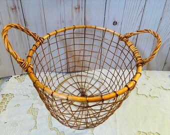 Vintage Handcrafted Metal and Rattan Wire Basket, Copper