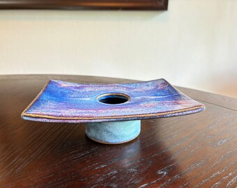 Eric Norstad Ikebana Vase Metal Pin Flower Frog Art Pottery Low Planter Abstract Blue Purple Pinks