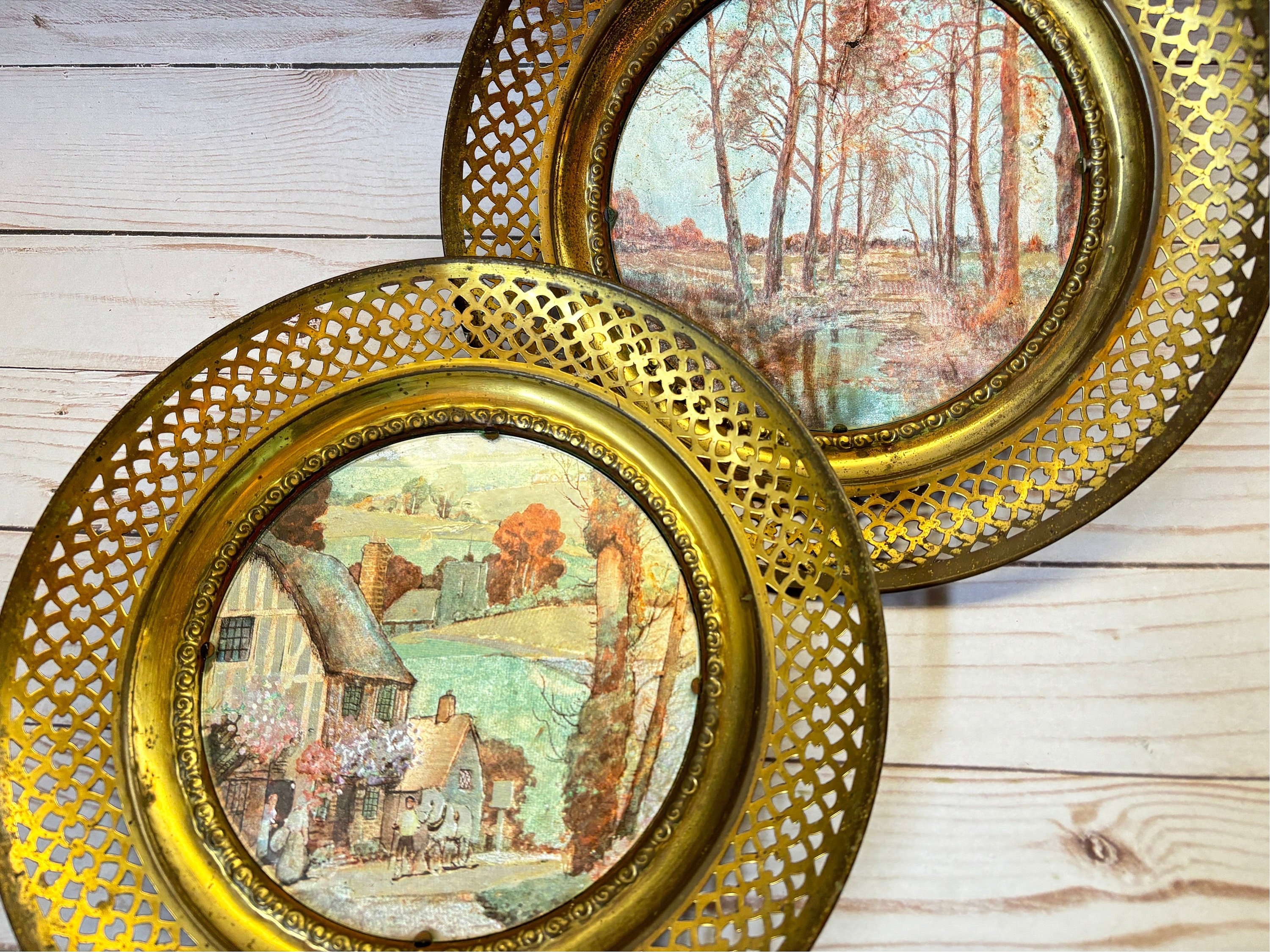 English Foil Art Plates All Brass Decorative Plates Framed Pictures Foil Etchings Countryside Art in Round Brass Framing Etsy