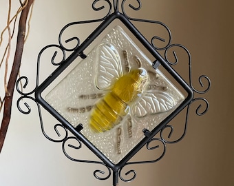 Stained Glass Yard Art, Honey Bee Lover, Window Suncatcher, Endangered Bee Art,  Pressed Glass Black and Yellow Bumble Bee