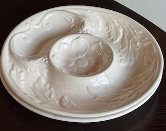 White Majolica Pottery Artichoke Plates, Leaf & Flower Pattern, Set of 2 Mediterranean Sectioned Dishes with 3 Compartments