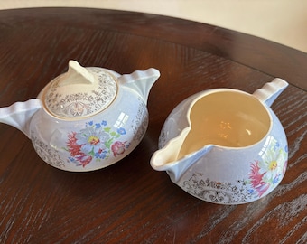 Madera Laced Blue Sugar Creamer Set USA Floral Lustreware Porcelain
