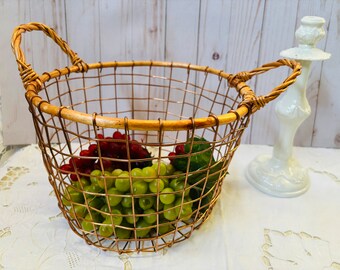Vintage Handcrafted Metal and Rattan Wire Basket, Copper