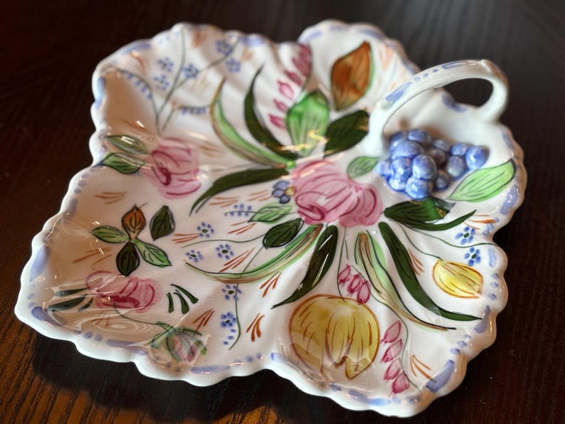 Blue Ridge Pattern Floral Blue Ridge Verna Hand-painted Floral Leaf Shaped Serving Dish With ...