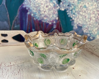 Vintage EAPG Gold Rim Bullseye Clear &  Green Stained Small Bowl, Antique Berry Bowl Trinket Dish