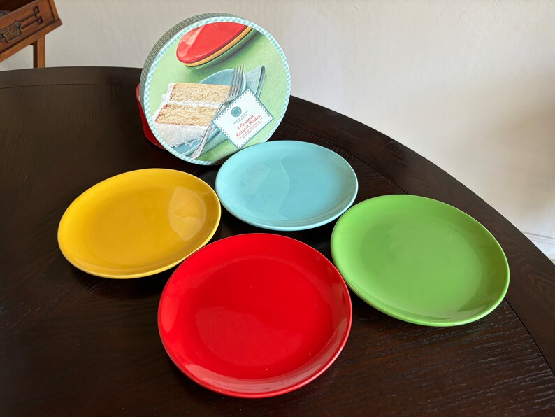 Set of 4 in a box- Martha Stewart Ceramic Dessert Plates in Primary Colors from her Living Collection