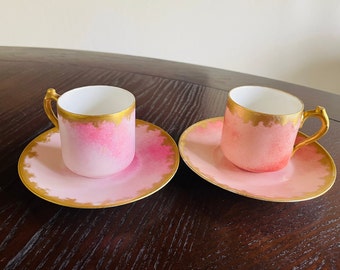 Vintage Abstract Pink and Gold Demitasse Cups and Saucers, Set of 2