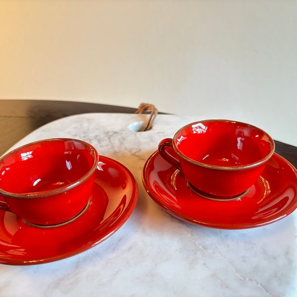 Vibrant Rich Red Ceramic Espresso Cups & Saucers, Vintage Set of 2, Small Cups Hand Painted Earthenware