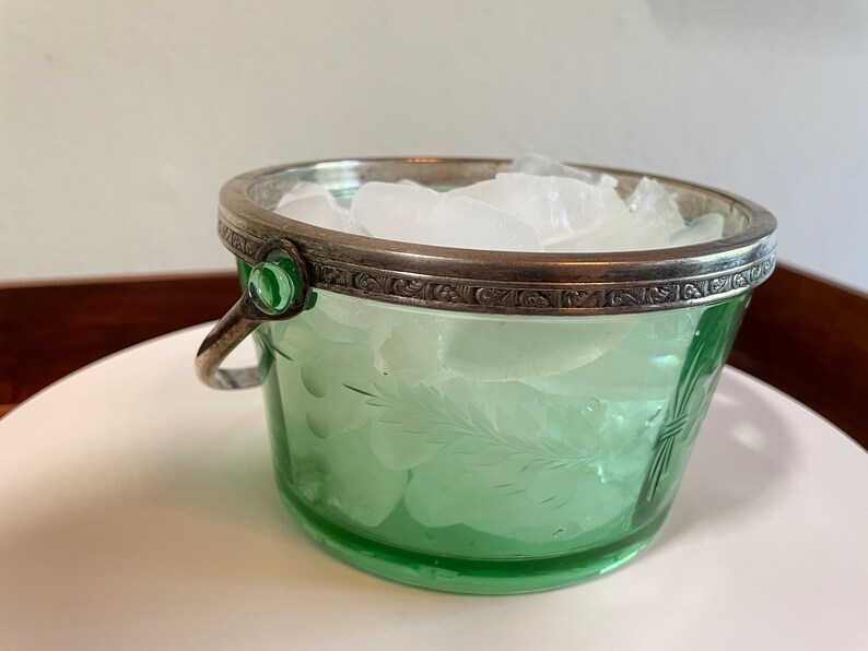 Green Depression Glass Ice Tub Bucket Vintage Metal Handle Etsy