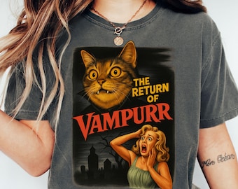 Comfort Colors® Halloween Cat Vintage Movie T-shirt, Spooky Season Tee, Cat Lover Gift, Retro Halloween Shirt, Unisex Vampire Spooky Cat Tee