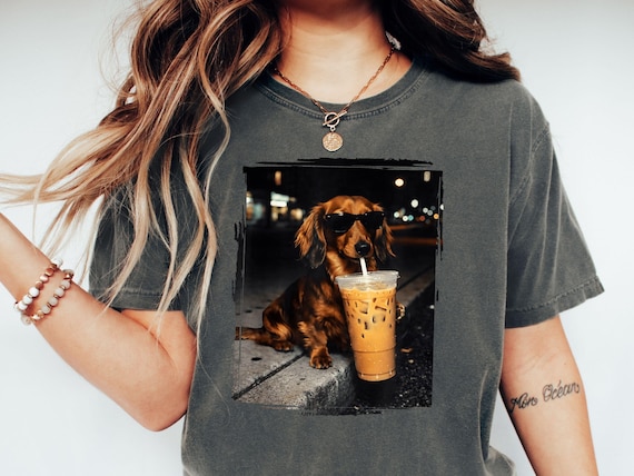 Comfort Colors® Funny Dachshund Drinking Iced Coffee T-shirt, Vintage Dog Shirt, Wiener Dog Tee, Sausage Dog Unisex Tee, Dog Lover Shirt