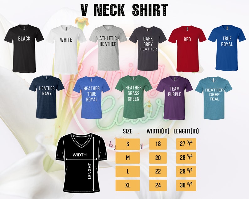 Puede incluir: Muestra de camisetas con cuello en V en varios colores, como negro, blanco y rojo. La imagen tambi&eacute;n muestra una tabla de tallas con medidas en pulgadas para el ancho y el largo, de la S a la XL.