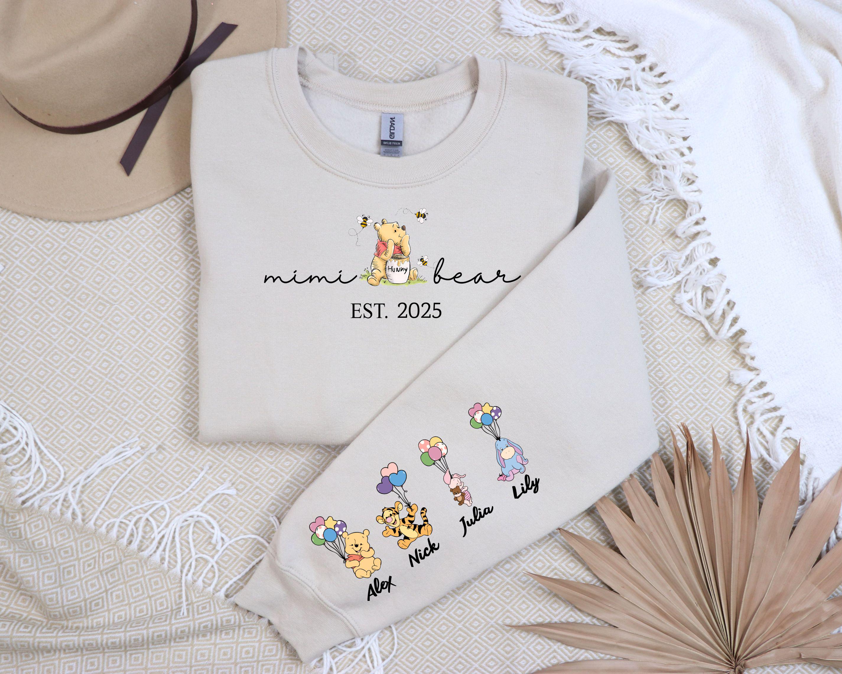Custom Mimi Bear Hoodie and Sweatshirt, Mother Day Gift, Winnie the Pooh Mothers Days Gift, Mimi Est with Kid Name on Sleeve Classic