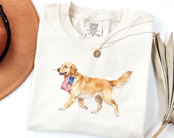 Golden Retriever American Flag Tee, Comfort Colors Golden Mama Patriotic 4th of July Shirt