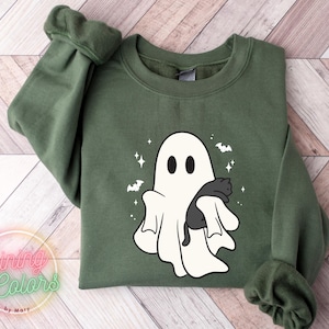 Cute Ghost Halloween Sweatshirt, Black Cat Halloween Sweatshirt, Ghost and Black Cat Halloween Shirt, Spooky Season, Womens Halloween Shirt