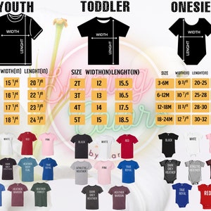 Puede incluir: Tabla de tallas para camisetas juveniles, para ni&ntilde;os peque&ntilde;os y para beb&eacute;s. Las medidas est&aacute;n en pulgadas para el ancho, el largo y el peso. Los colores disponibles incluyen negro, blanco, rojo, rosa y varios tonos jaspeados.