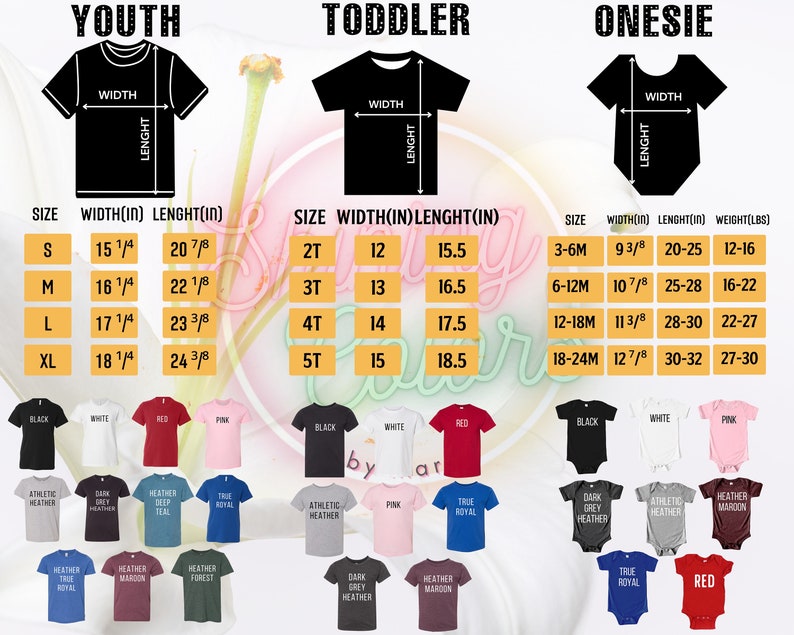 Puede incluir: Tabla de tallas para camisetas juveniles, para ni&ntilde;os peque&ntilde;os y para beb&eacute;s. Las medidas est&aacute;n en pulgadas para el ancho, el largo y el peso. Los colores disponibles incluyen negro, blanco, rojo, rosa y varios tonos jaspeados.