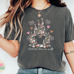 Comfort Colors® Happiest Place on Earth Shirt, Disney Castle Floral Shirt, Vintage Disney Tee, Magic Kingdom Shirt, Disneyland Shirt