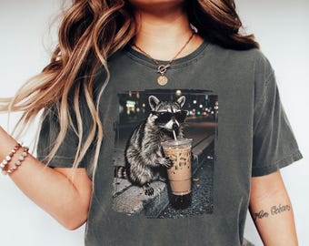 Comfort Colors® Funny Raccoon Drinking Iced Coffee Shirt, Animal Meme Graphic Tee