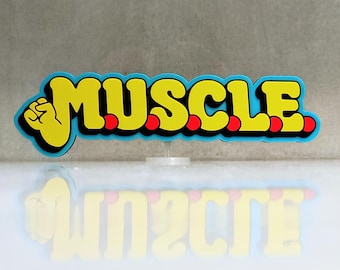 MUSCLE M.U.S.C.L.E. Mattel Toys 3D Printed Shelf Logo Sign, Retro 80s Action Figure Display