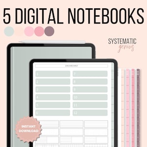 May include: Five digital notebooks with a green and white dashboard template. The notebooks are displayed on a computer screen with the text "SYSTEMATIC genius" and "INSTANT DOWNLOAD" on the screen.