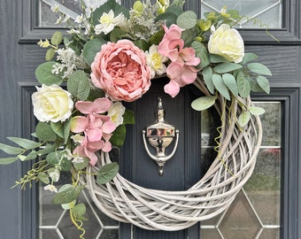 Summer wreath, wicker wreath, peony and rose wreath, artificial wreath for front door