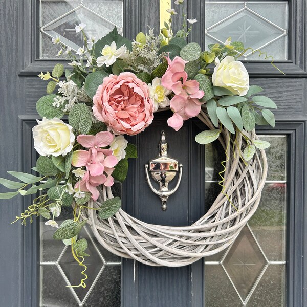 Summer wreath, wicker wreath, peony and rose wreath, artificial wreath for front door