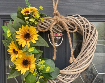 Summer sunflower wreath, heart shaped wreath for front door