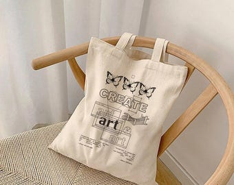 Butterfly Cotton Canvas Tote Bag: Artistic Graphic Design, Reusable Shopping Bag