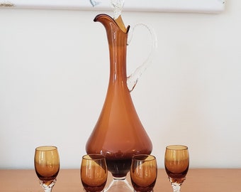 Vintage Amber Hand Blown Italian Decanter Cordial Set w/4 glasses Modern Mid Century