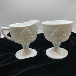 Vintage Indiana Colony Harvest Grape Pattern Milk Glass Creamer and Sugar Bowl