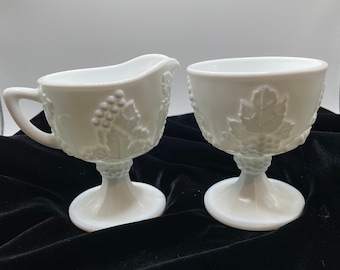 Vintage Indiana Colony Harvest Grape Pattern Milk Glass Creamer and Sugar Bowl