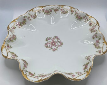 Haviland Limoges Scalloped Serving Dish, Pink Rose Swag, Gold Rimmed. 9 1/2x 9 1/2