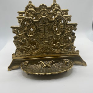 Vintage Brass Letter Rack with Shell Shaped Dish Attached. Brass Desk Accessories