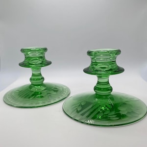 Vintage Uranium Depression Glass Modern Classic Green Art Deco Taper Candlestick Holders GLOWS