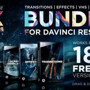 Puede incluir: Un paquete de presets de efectos DaVinci Resolve FX para la edición de vídeo. El paquete incluye transiciones, efectos, VHS, FX y títulos. El paquete funciona para la versión 18 y superiores. La imagen muestra una colección de cinco cajas con diferentes efectos, incluyendo superposición de vidrio, diseño de sonido y transiciones.